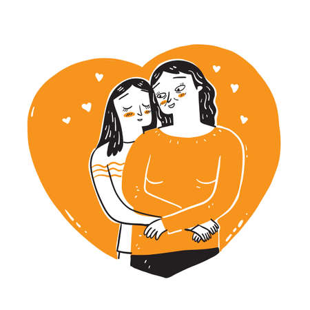 Showing the love of her daughter and mother. Illustration of a line art doodle styleのイラスト素材