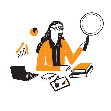 Illustration of a research businessman, Hand drawn Vector Illustration doodle styleのイラスト素材