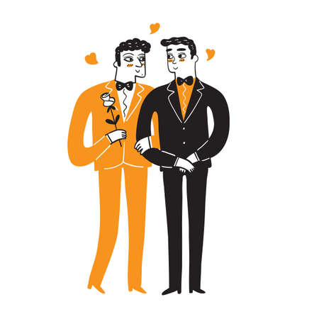 Homosexual couples celebrating love, proposal, walking, Gay valentines day, wedding. Lgbt family, pride, relations, romantic boyfriend, transgender, hug.のイラスト素材