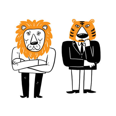 Office living business ideas, well dressed men or women, their heads are animals. Vector...