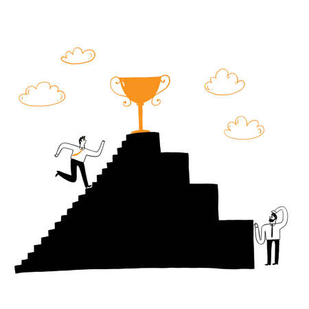 Business concept. Success. Competition, businessman going up the stairs towards the trophy waiting at the top. Vector Illustration Hand drawing doodle styleのイラスト素材
