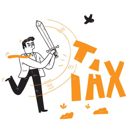 Man slashes TAX letters with an ancient sword. Hand draw vector illustration.のイラスト素材