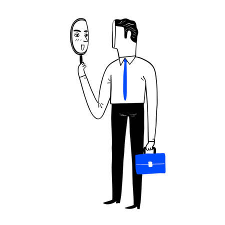 Psychology. Self centered man suffering from narcissism. Smiling man looking at herself in mirror. Vector illustration for ego, psychology, reflection conceptのイラスト素材