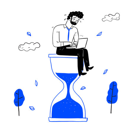 Businessman sitting on an hourglass. work in a hurry business concept hand drawn vector illustration.のイラスト素材