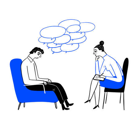 Psychotherapy. Woman psychologist with tangled and untangled brain metaphor, society psychiatry concept hand draw vector illustrationのイラスト素材