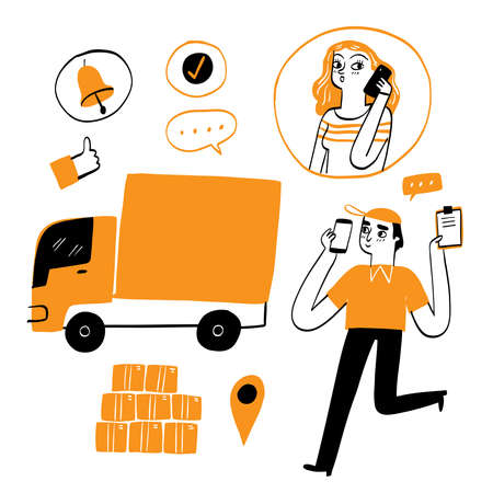Online delivery service concept, online order tracking, Delivery home and office. City logistics, truck, courier, delivery man, on mobile, Hand drawn Vector illustrationのイラスト素材