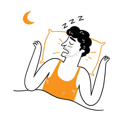 Man sleeping in bed, snoring man.Obstructive sleep apnea therapy. Cpap therapy, medical health, Sleep test, Good sleep, Machine, Patient, Sleep Disordered Breathing. Hand drawn vector illustration.のイラスト素材