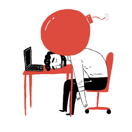 Tired employee sleeping in the office. Hand drawn Vector Illustration doodle style.のイラスト素材