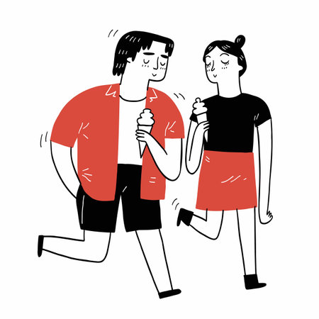 couple eating ice cream. Hand drawn Vector Illustration doodle style.のイラスト素材