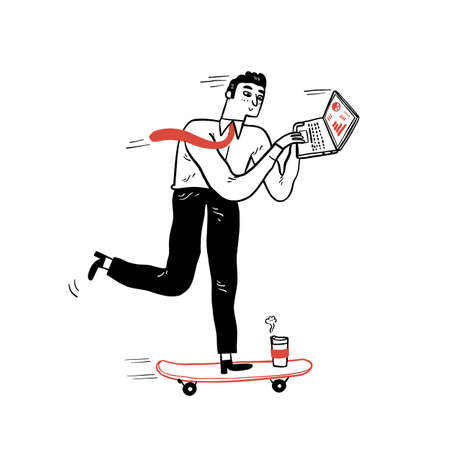 Businessman working on a skateboard, Hand drawn vector illustration doodle style.のイラスト素材