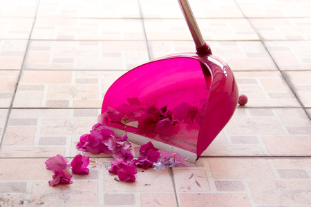 Close up flower scrabble on tile floor with dustpanの写真素材