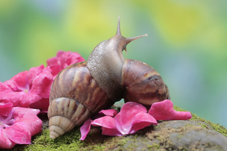 Two escargots are foraging on the moss-covered ground. This mollusk has the scientific name Achatina fulica.の写真素材