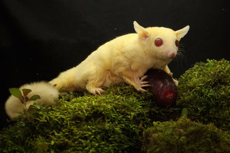A sugar glider is eating an apple on a green moss.の写真素材