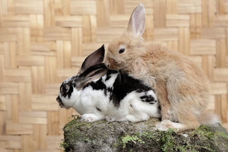 Cute rabbit and black and white rabbit on the background of bamboo