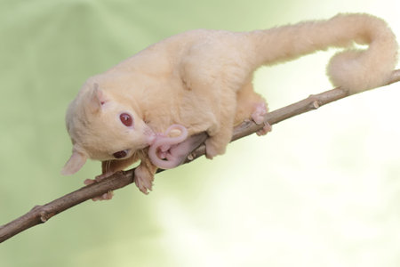 A mother sugar glider was looking for food in the guava fruit collection while holding two babies in her stomach pouch. This mammal has the scientific name Petaurus breviceps.の写真素材