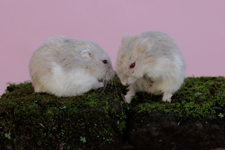 Two Campbell dwarf hamster is looking for food on a rock overgrown with moss. This rodent has the scientific name Phodopus campbelli.の写真素材