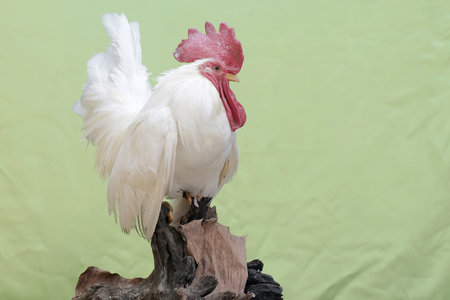 A rooster is foraging on a rock overgrown with moss. Animals that are cultivated for their meat have...