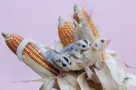 An albino sugar glider mother is eating corn that is ready to be harvested while holding her two babies. This mammal has the scientific name Petaurus breviceps.の写真素材