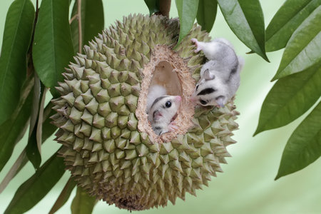 Two young sugar gliders are eating a ripe durian fruit on a tree. This mammal has the scientific name Petaurus breviceps.の写真素材