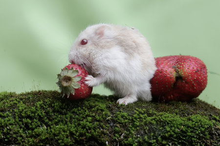 Hamster and strawberries on a green background with mossの写真素材