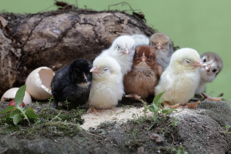 chickens on a farm with eggs, closeup of photo