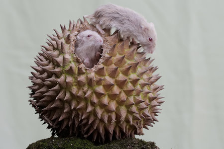 Two rodents on a spiky fruit. Animals in nature.の写真素材