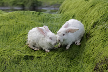 Rabbits on the green algae at the coastの写真素材