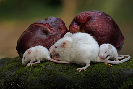 Three white rats and red plums on a stone.の写真素材