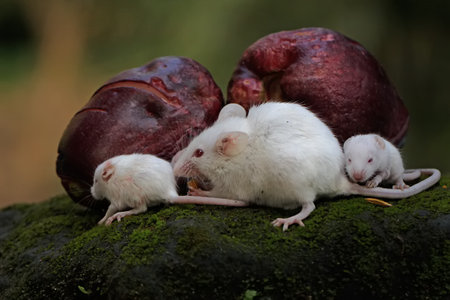 White mouse family on a rock. Animal in the nature habitat.の写真素材