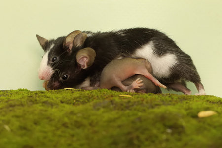Two little black and white rats on a green moss background. Studio shot.の写真素材