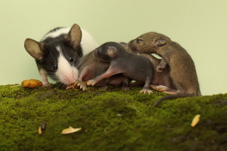 Three rats on a green moss background. Close up. Studio shot.の写真素材