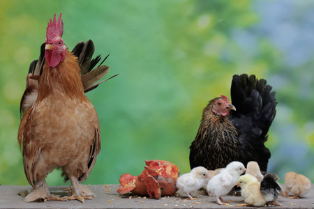 chickens and hen on a background of green foliage, spring