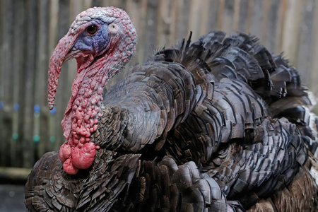Close-up of the head of a turkey with a red combの写真素材