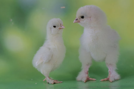 cute little chickens on green background, one week old baby chickens