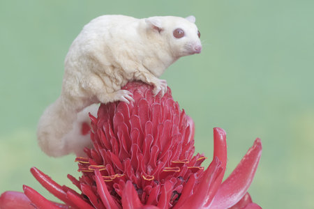 Sugar glider on a red flower, Petaurus breviceps