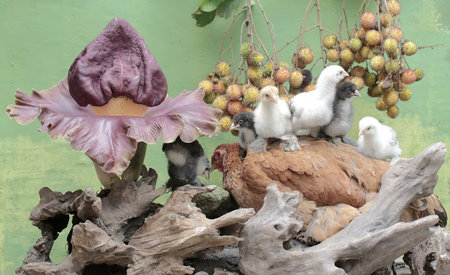 Chickens and flowers in a tropical garden
