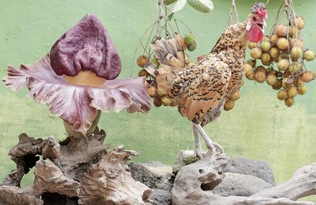 chicken and flower on the tree in the garden at thailand