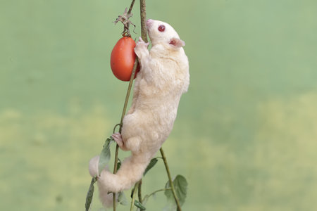 White sugar glider with red egg on green background, Petaurus breviceps