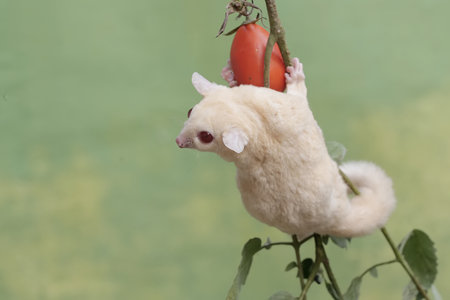 A little sugar glider is eating a tomato on a tree.