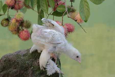 White doves on a rock with rambutan in the background