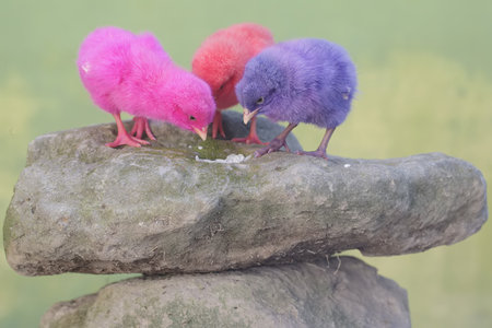 Three little chicks standing on a pile of stones in a pond.の写真素材