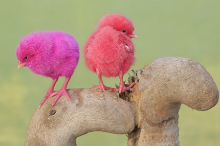 Chickens on a stump against a green background, Thailand.