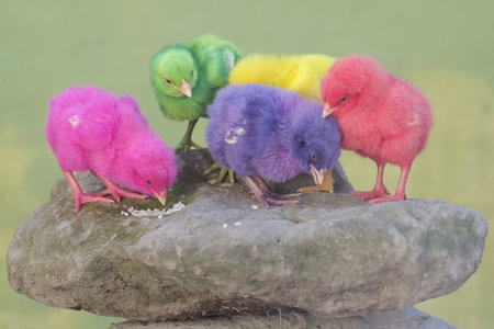 chickens on a rock in a pond, closeup of photoの写真素材