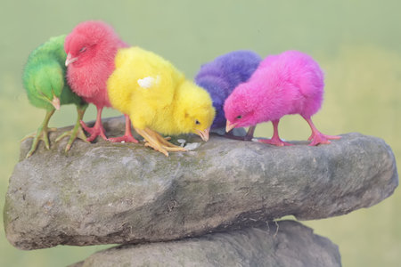 Cute little chicks on the rock in the garden, Thailand.