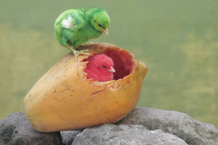 Chickens in the nest of a papaya on a stoneの写真素材
