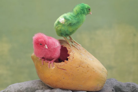 Cute baby bird in the nest and chick on the rock.
