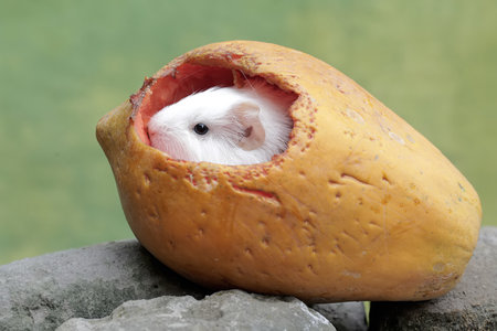 guinea pig in a papaya shellの写真素材