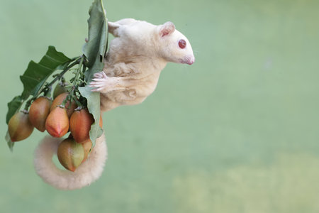 sugar glider hanging on a tree branch with fruit and leavesの写真素材