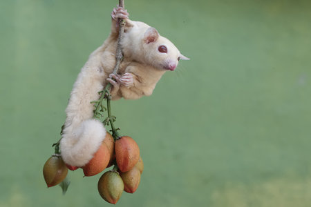 Sugar glider climbing on a tree with fruits in background