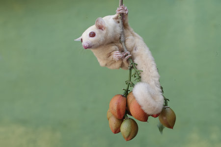 A small sugar glider is hanging on a tree with fruit.の写真素材